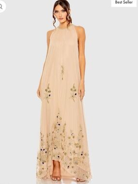 Mac Duggal Beige High Neck Floral Embellished Trapeze Gown